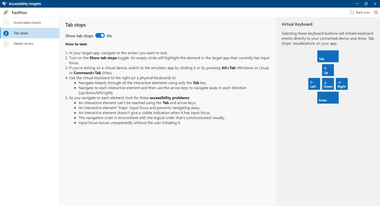 Accessibility Insights tab stops