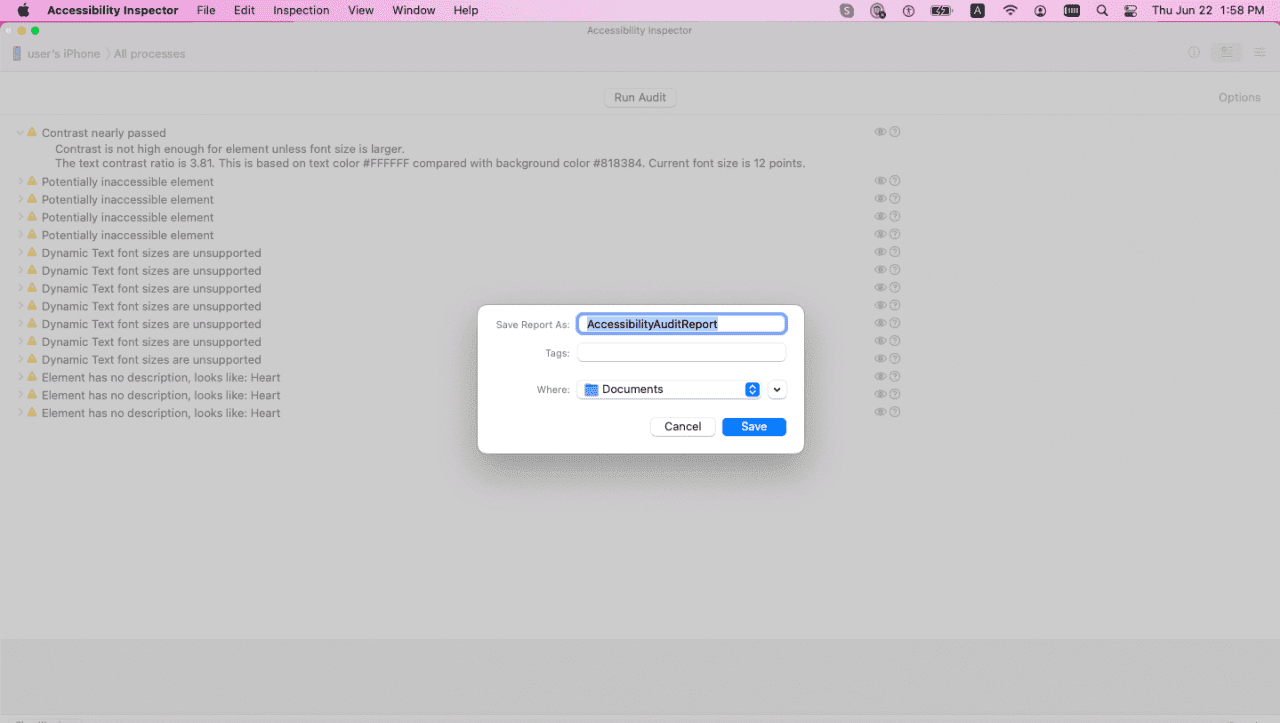 How to get the Audit report in Accessibility Inspector